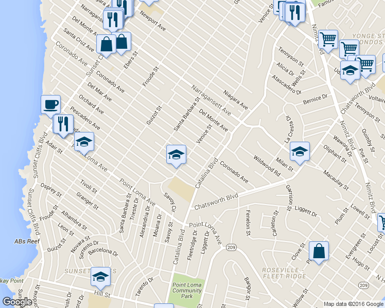 map of restaurants, bars, coffee shops, grocery stores, and more near 4286 Del Mar Avenue in San Diego