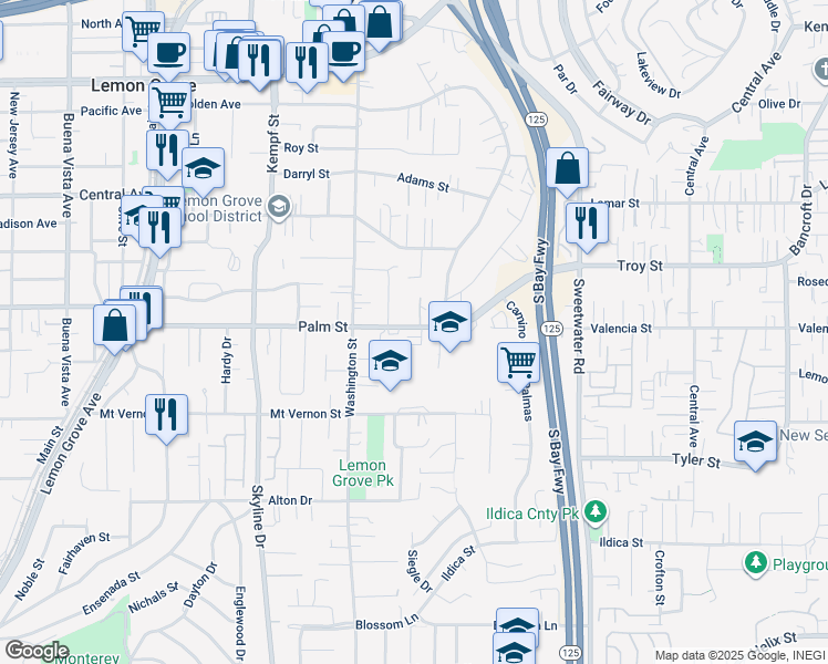 map of restaurants, bars, coffee shops, grocery stores, and more near 8337 Palm Street in Lemon Grove