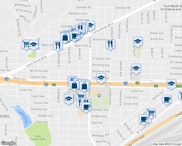 map of restaurants, bars, coffee shops, grocery stores, and more near 4535 Birchman Ave in Fort Worth