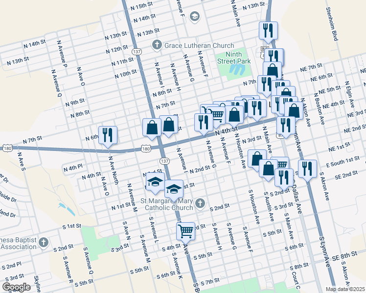 map of restaurants, bars, coffee shops, grocery stores, and more near 909 North 4th Street in Lamesa