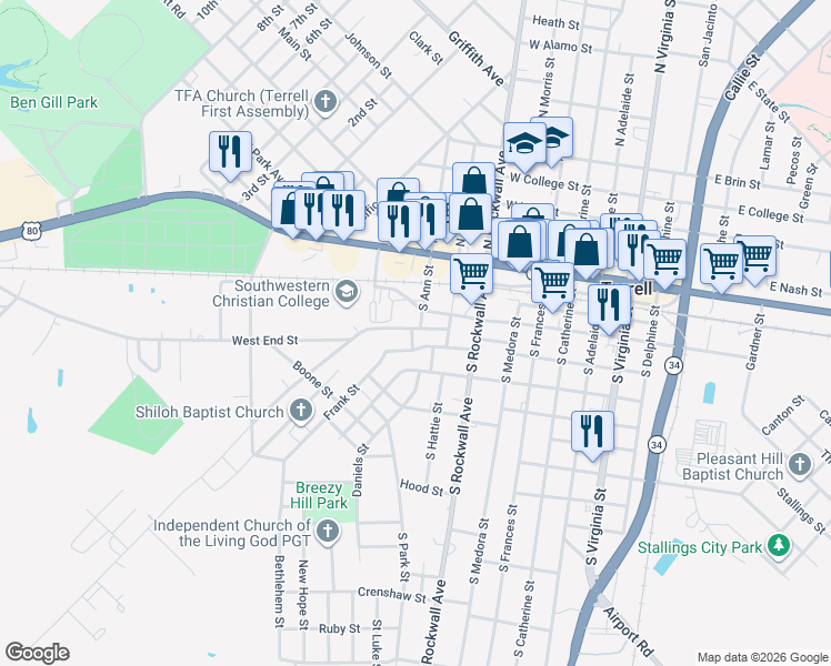 map of restaurants, bars, coffee shops, grocery stores, and more near 109 West End Street in Terrell