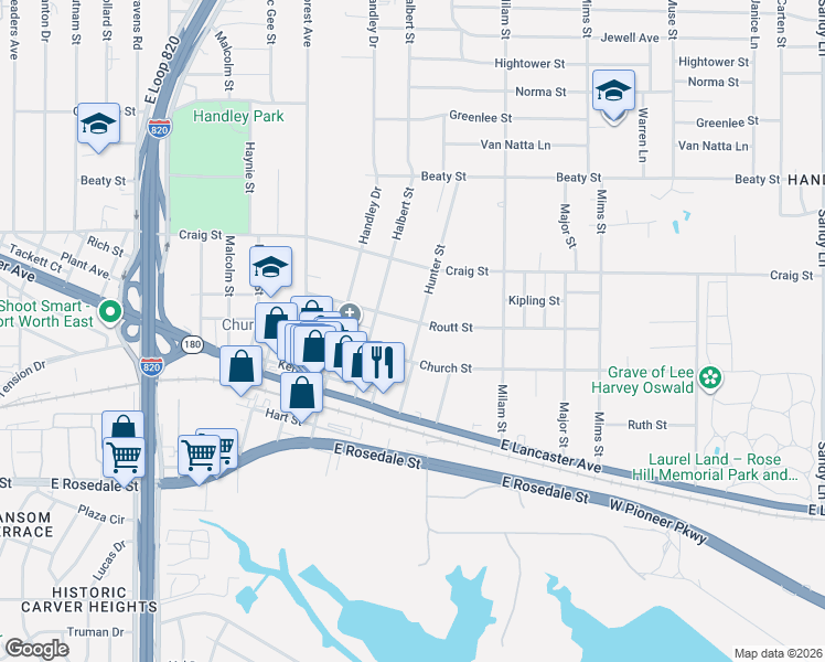 map of restaurants, bars, coffee shops, grocery stores, and more near 3004 Hunter Street in Fort Worth
