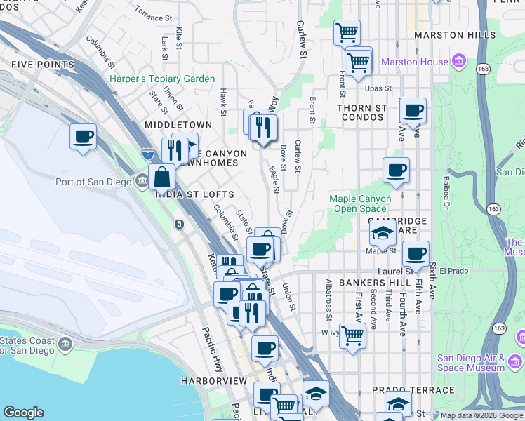 map of restaurants, bars, coffee shops, grocery stores, and more near 2812 Reynard Way in San Diego