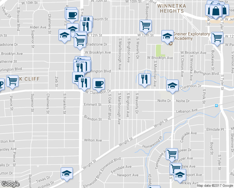 map of restaurants, bars, coffee shops, grocery stores, and more near 1113 South Marlborough Avenue in Dallas