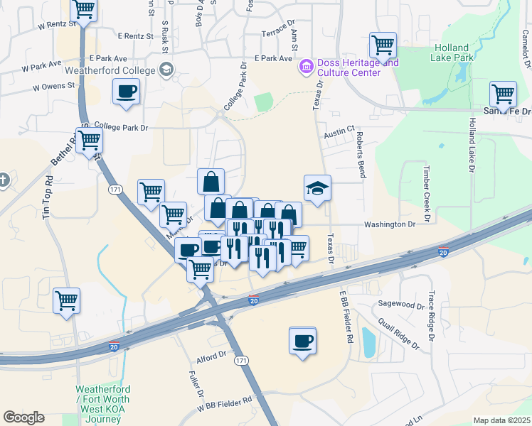 map of restaurants, bars, coffee shops, grocery stores, and more near 711 Red Oak Lane in Weatherford