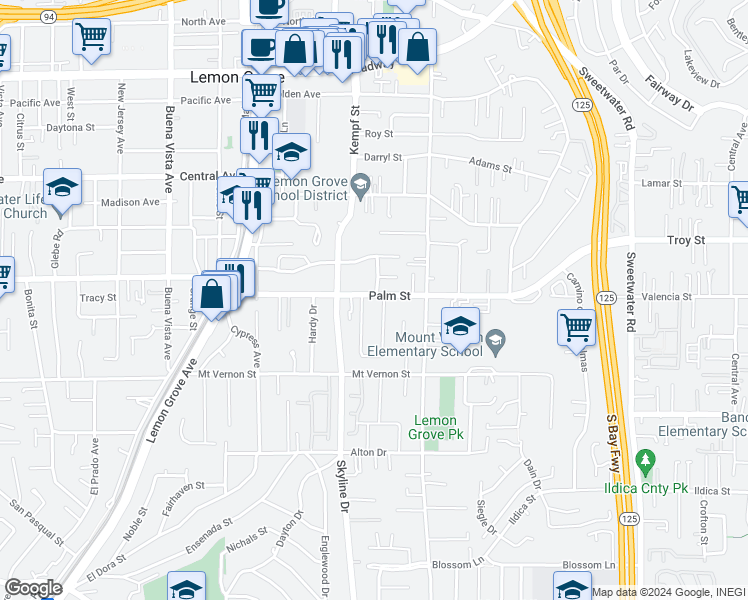 map of restaurants, bars, coffee shops, grocery stores, and more near 8075 Palm Street in Lemon Grove