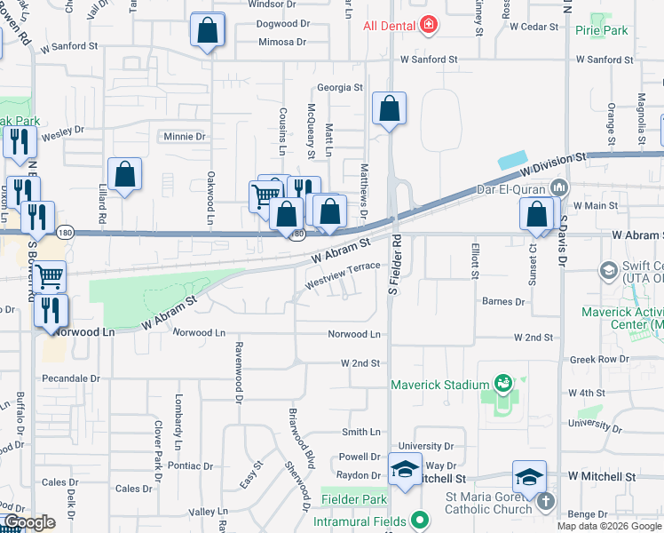 map of restaurants, bars, coffee shops, grocery stores, and more near 1727 Westview Terrace in Arlington