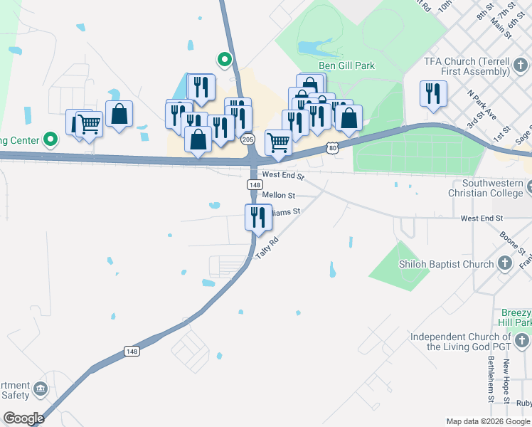 map of restaurants, bars, coffee shops, grocery stores, and more near 120 Williams Street in Terrell