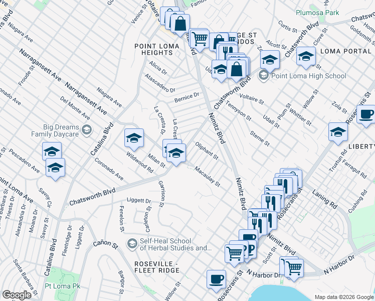 map of restaurants, bars, coffee shops, grocery stores, and more near 1845 Chatsworth Boulevard in San Diego