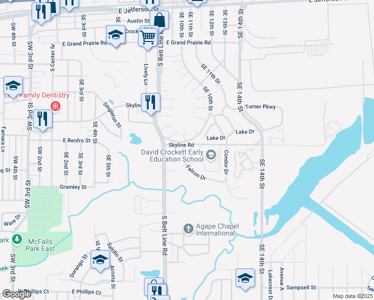 map of restaurants, bars, coffee shops, grocery stores, and more near 1306 Falcon Drive in Grand Prairie