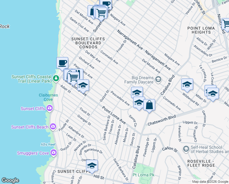 map of restaurants, bars, coffee shops, grocery stores, and more near 4460 Pescadero Avenue in San Diego