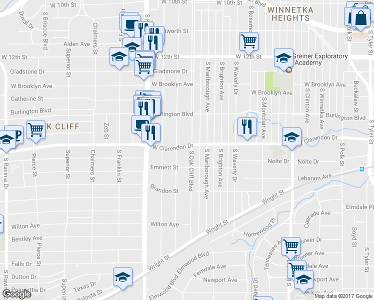 map of restaurants, bars, coffee shops, grocery stores, and more near 1109 South Oak Cliff Boulevard in Dallas