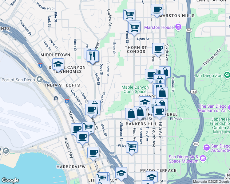 map of restaurants, bars, coffee shops, grocery stores, and more near 2790 Brant Street in San Diego