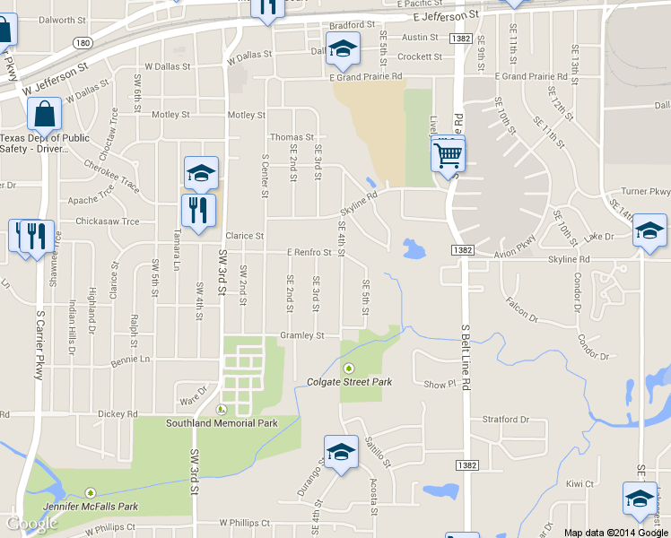map of restaurants, bars, coffee shops, grocery stores, and more near 913 Southeast 4th Street in Grand Prairie