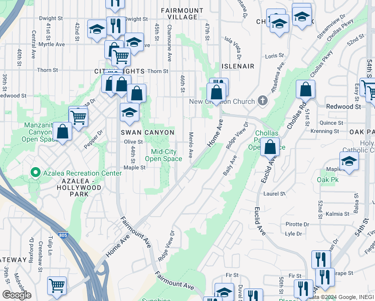 map of restaurants, bars, coffee shops, grocery stores, and more near 2742 Menlo Avenue in San Diego