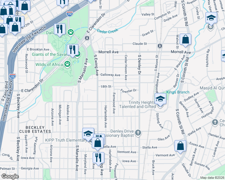 map of restaurants, bars, coffee shops, grocery stores, and more near 1231 Fernwood Avenue in Dallas