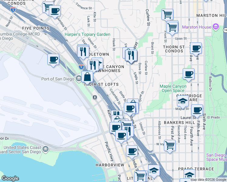 map of restaurants, bars, coffee shops, grocery stores, and more near 2913 Columbia Street in San Diego