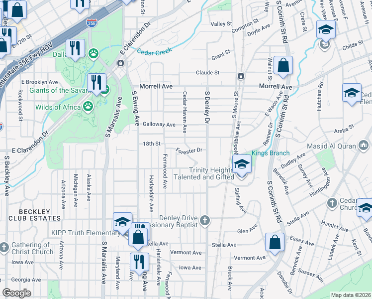 map of restaurants, bars, coffee shops, grocery stores, and more near 1131 Forester Drive in Dallas
