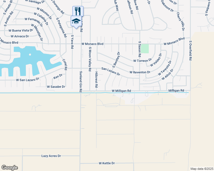 map of restaurants, bars, coffee shops, grocery stores, and more near 16001 South Bentley Drive in Arizona City