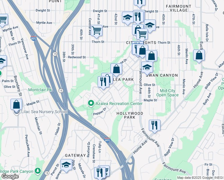 map of restaurants, bars, coffee shops, grocery stores, and more near 4175 Poplar Street in San Diego