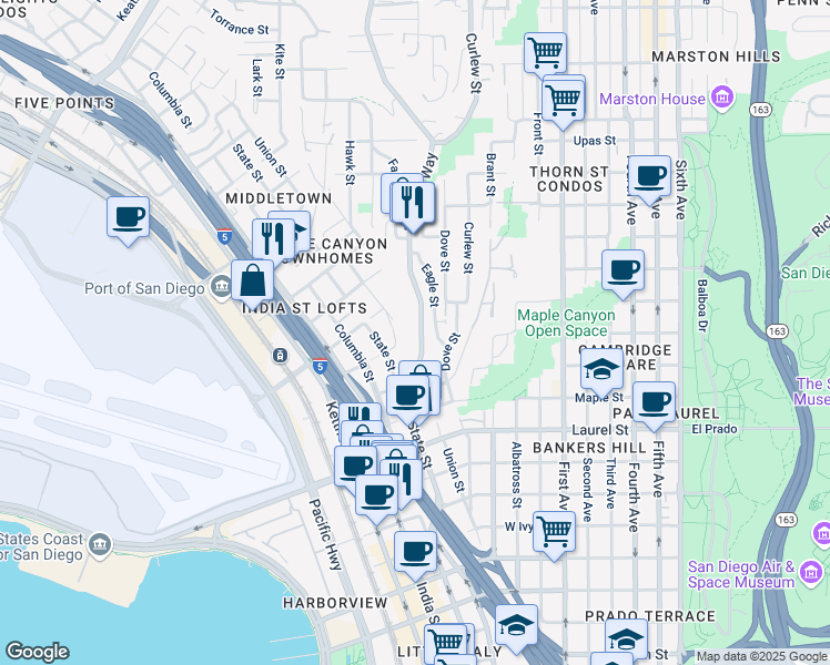 map of restaurants, bars, coffee shops, grocery stores, and more near 2812 Reynard Way in San Diego