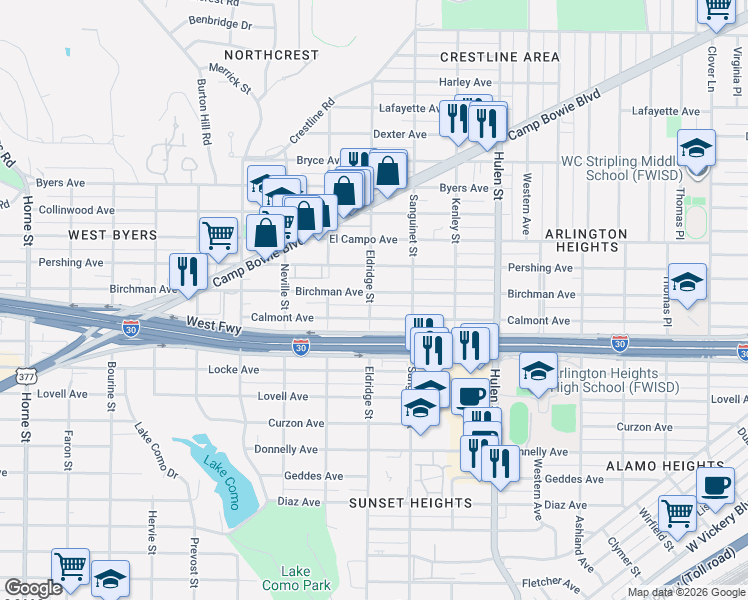 map of restaurants, bars, coffee shops, grocery stores, and more near 4905 Birchman Avenue in Fort Worth