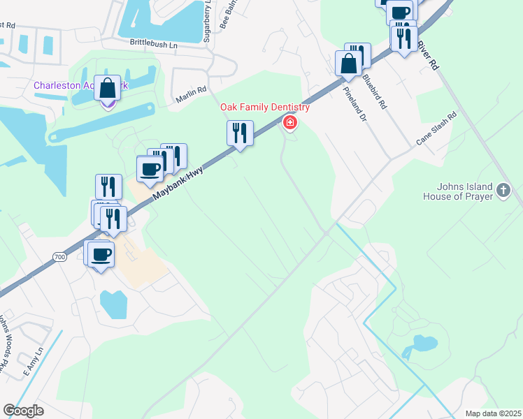 map of restaurants, bars, coffee shops, grocery stores, and more near 3021 Maybank Highway in Johns Island