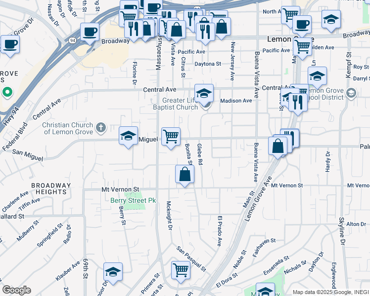 map of restaurants, bars, coffee shops, grocery stores, and more near 2642 Bonita Street in Lemon Grove
