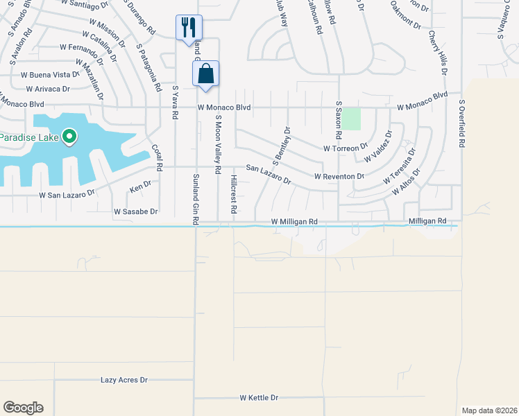 map of restaurants, bars, coffee shops, grocery stores, and more near 16001 South Bentley Drive in Arizona City