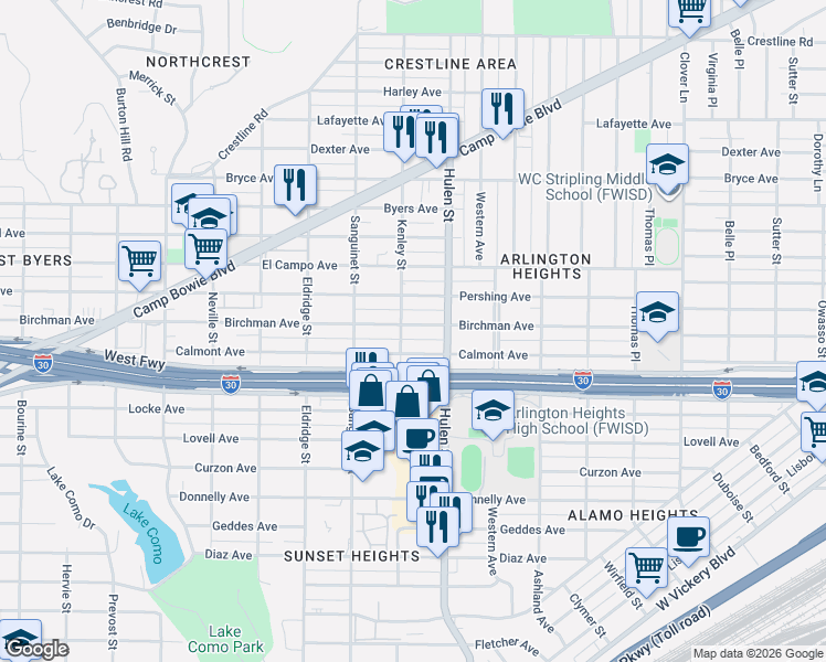 map of restaurants, bars, coffee shops, grocery stores, and more near 4629 Birchman Avenue in Fort Worth