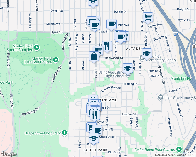 map of restaurants, bars, coffee shops, grocery stores, and more near 3011 Olive Street in San Diego