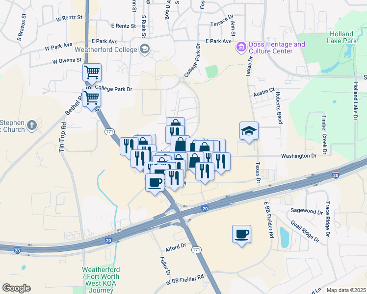map of restaurants, bars, coffee shops, grocery stores, and more near 711 Red Oak Lane in Weatherford