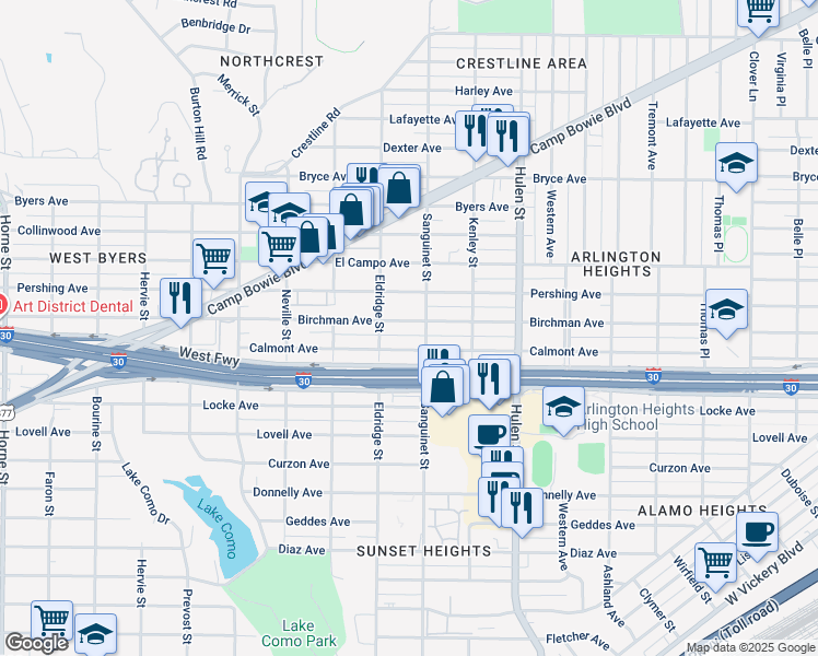 map of restaurants, bars, coffee shops, grocery stores, and more near 4815 Birchman Avenue in Fort Worth