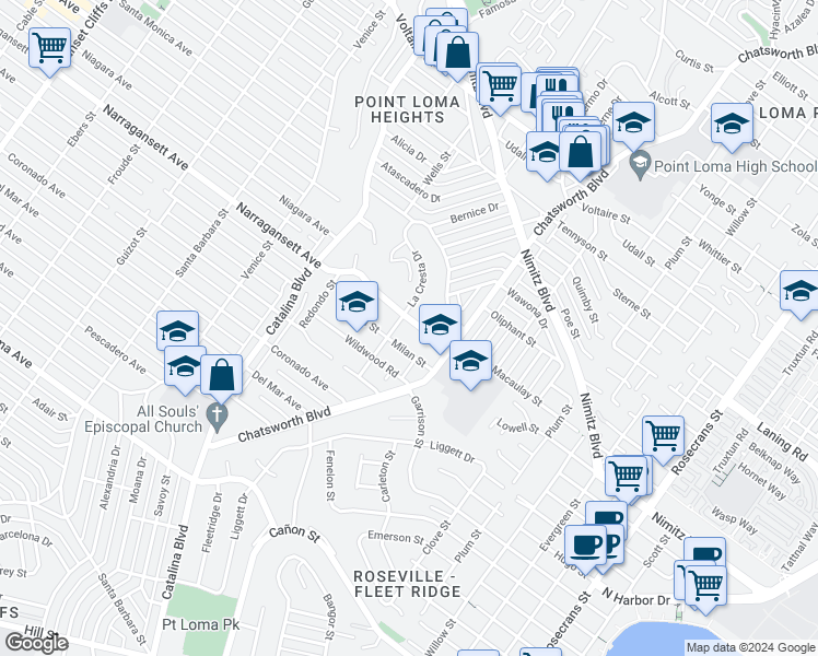 map of restaurants, bars, coffee shops, grocery stores, and more near 3781 Narragansett Avenue in San Diego