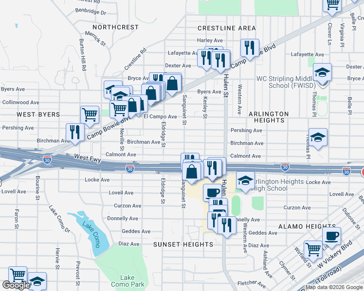 map of restaurants, bars, coffee shops, grocery stores, and more near 4815 Birchman Avenue in Fort Worth