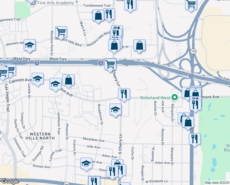 map of restaurants, bars, coffee shops, grocery stores, and more near 7920 Calmont Avenue in Fort Worth