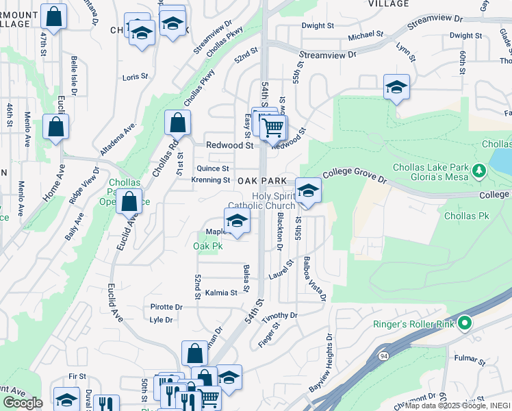 map of restaurants, bars, coffee shops, grocery stores, and more near 5359 Caminito Mindy in San Diego