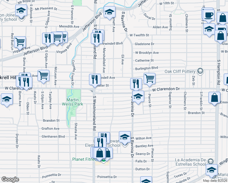 map of restaurants, bars, coffee shops, grocery stores, and more near 3031 West Clarendon Drive in Dallas