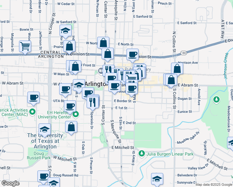 map of restaurants, bars, coffee shops, grocery stores, and more near 200 East South Street in Arlington