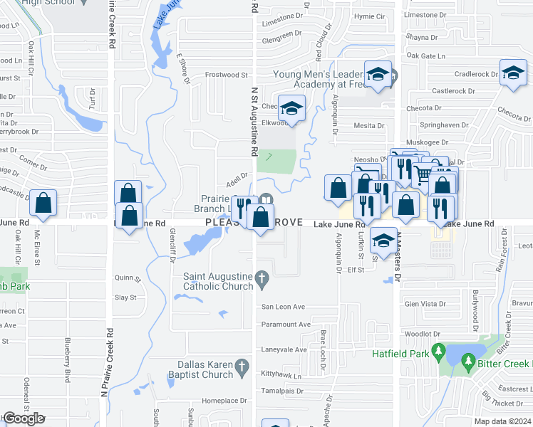 map of restaurants, bars, coffee shops, grocery stores, and more near 9609 Lake June Road in Dallas