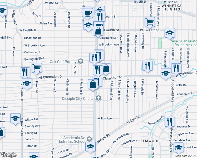map of restaurants, bars, coffee shops, grocery stores, and more near 2324 West Clarendon Drive in Dallas