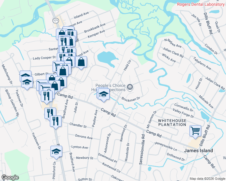 map of restaurants, bars, coffee shops, grocery stores, and more near 1 Maplecrest Drive in Charleston