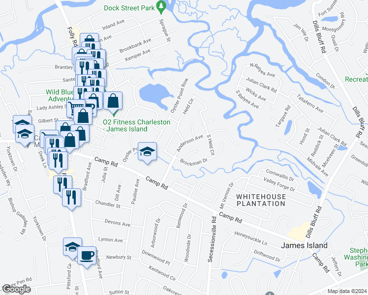 map of restaurants, bars, coffee shops, grocery stores, and more near 10 Anderson Avenue in Charleston