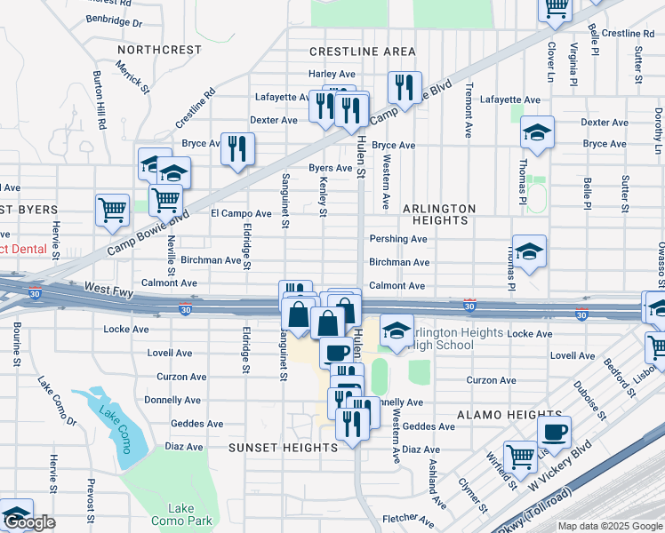 map of restaurants, bars, coffee shops, grocery stores, and more near 4629 Birchman Avenue in Fort Worth