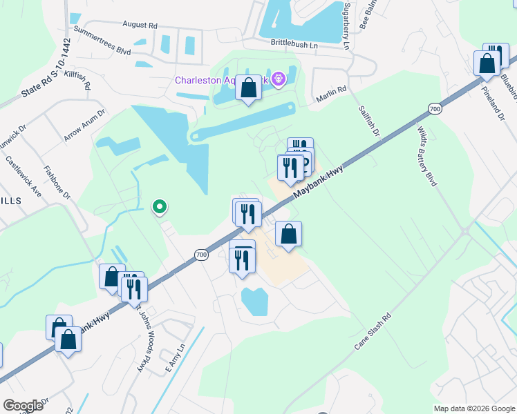 map of restaurants, bars, coffee shops, grocery stores, and more near 1705 Hollydale Ct in Charleston