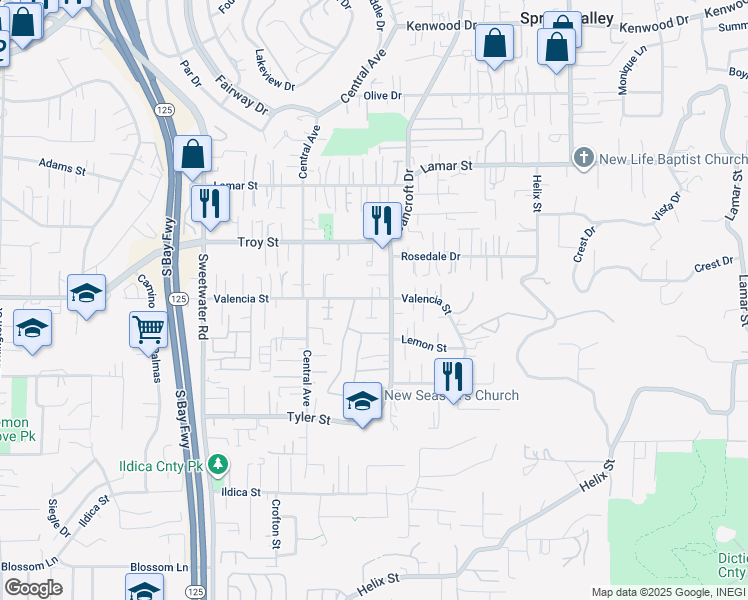 map of restaurants, bars, coffee shops, grocery stores, and more near 8937 Valencia Street in Spring Valley