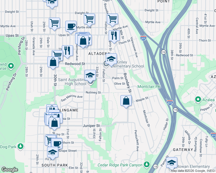 map of restaurants, bars, coffee shops, grocery stores, and more near 2736 Teresita Street in San Diego