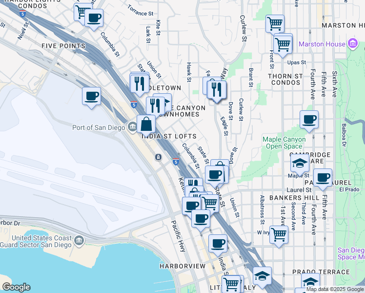 map of restaurants, bars, coffee shops, grocery stores, and more near 2913 Columbia Street in San Diego