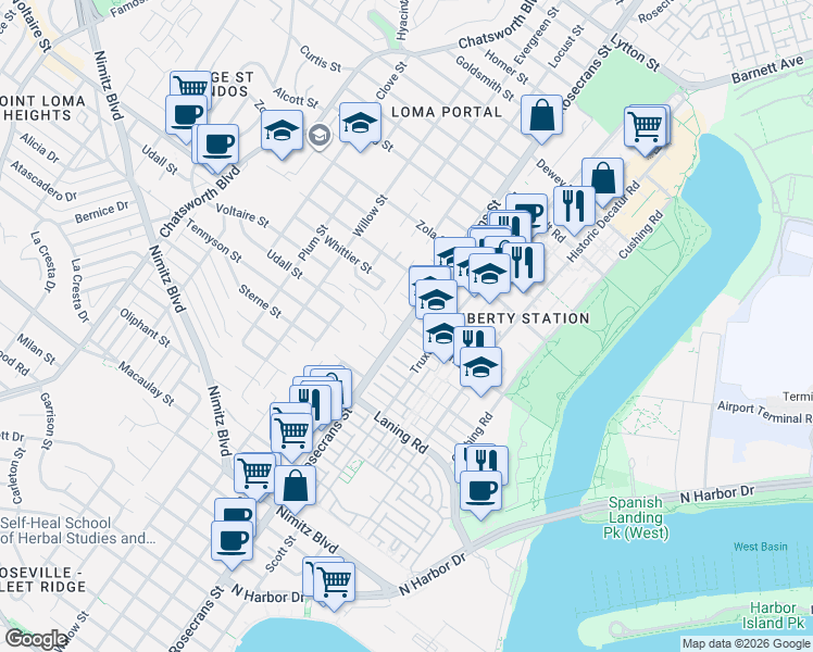 map of restaurants, bars, coffee shops, grocery stores, and more near 2999 Farragut Road in San Diego
