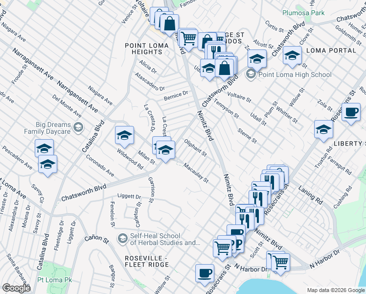 map of restaurants, bars, coffee shops, grocery stores, and more near 1845 Chatsworth Boulevard in San Diego
